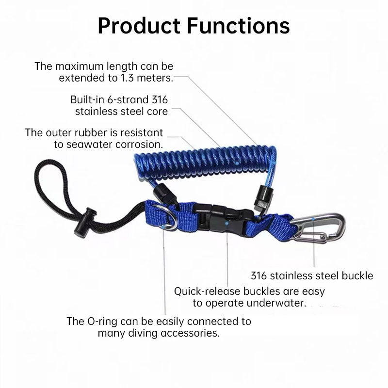 Dive Camera Lanyard, Stainless Steel Spring Cord for GoPro Action Cameras, Flashlight Safety Tether