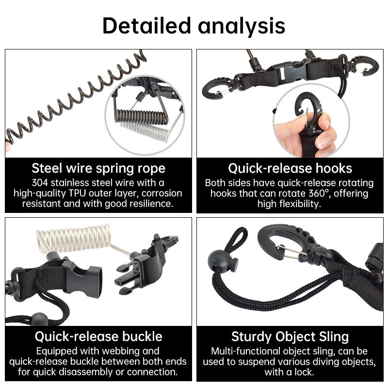 Dive Camera Lanyard, Stainless Steel Spring Cord for GoPro Action Cameras, Flashlight Safety Tether